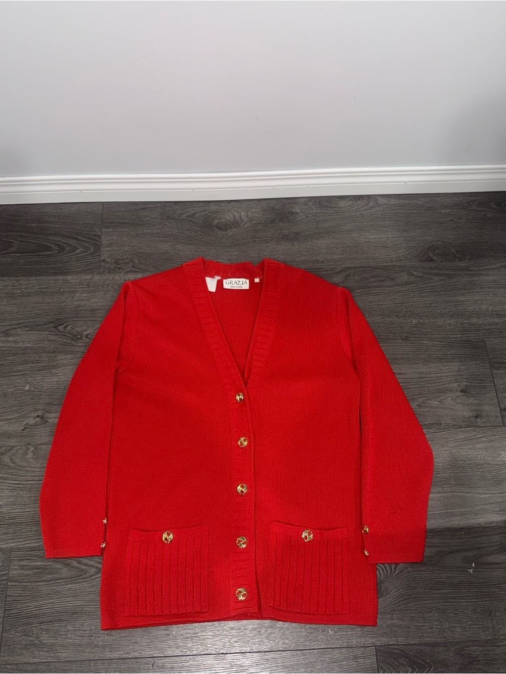GRAZIA Made in Italy Red Knit Cardigan Gold Button Sweater Women’s Size 10